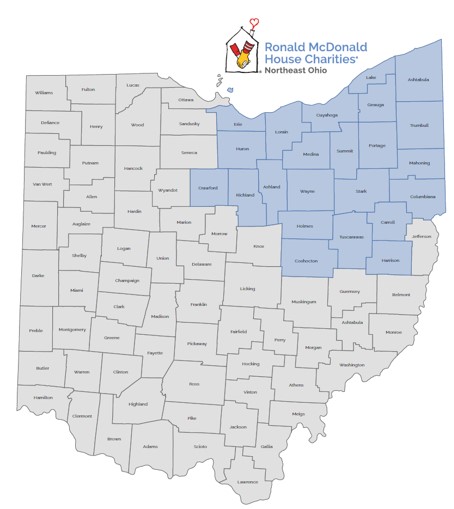 map of 23 Ohio counties served by RMHC NEO