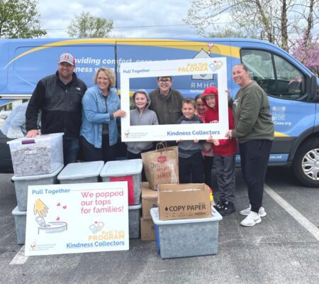 custom van and family, friends with selfie frames collecting kindness, donating pull tabs