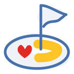 Icon of golf hole with flag, yellow accents and red heart