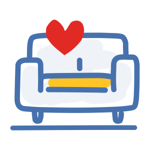 Icon, Couch. Line drawing in RMHC colors. Blue outline. Yellow accents and red heart