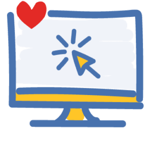 Website Icon, Blue line drawing of computer with yellow pointer and red heart. Used hear to denote RedTreehouse.org website