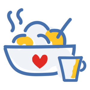 Hand drawn cartoon icon of bowl and coffee cup. Bowl has a red heart on it and is filled with an abstract steamimg portion of food. Blue outlines, yellow accents , red heart on bowl.