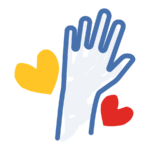 Drawn blue outline of a hand held up. on either side is a heart, one red, one yellow